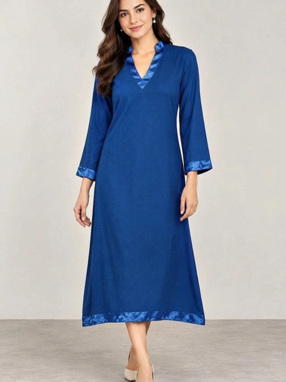 East Essence Royal Blue Rayon V-Neck Tunic Dress Long Sleeve Satin Trim